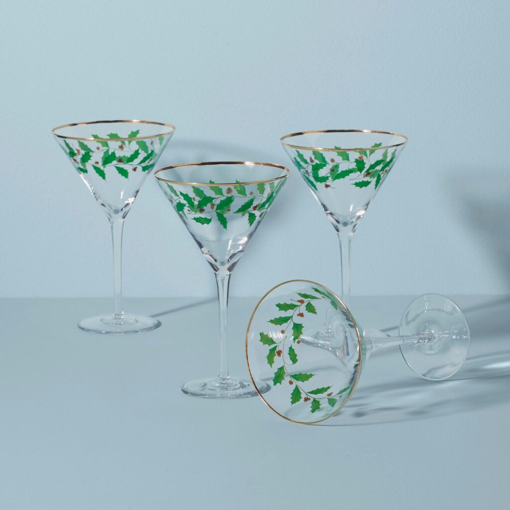 Holly Pattern Martini Glasses Set of 4