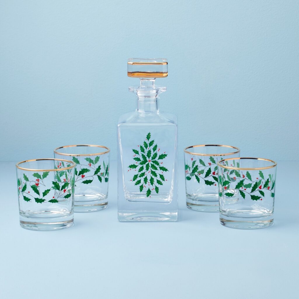 Holly Berry Decanter and Whiskey Glass Set, 5-Piece