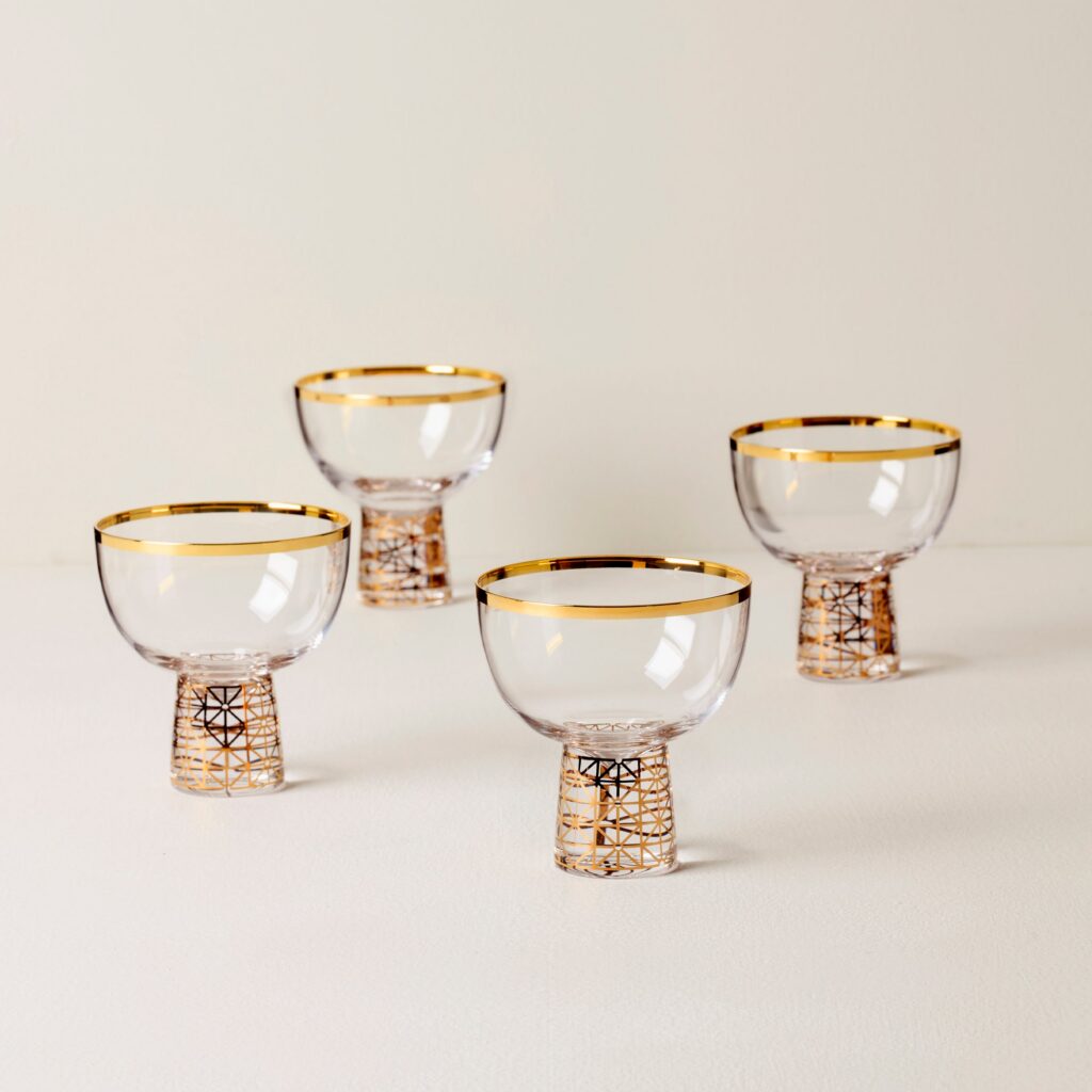 Frosted Gold Coupe Glasses with Geometric Pattern Set of 4