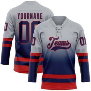 Custom Gray Navy-Red Fade Fashion Hockey Lace Neck Jersey