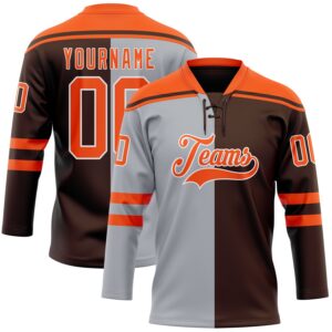 Custom Brown Orange Gray-White Split Fashion Hockey Lace Neck Jersey